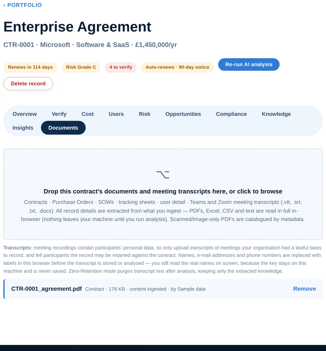 The Documents tab of a contract record in ContractIQ, showing the drop area for contracts and meeting transcripts and one ingested agreement PDF.
